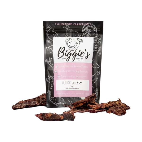 A package of Biggies Beef Jerky is displayed against a neutral background, featuring a black and white design with illustrations of animals.