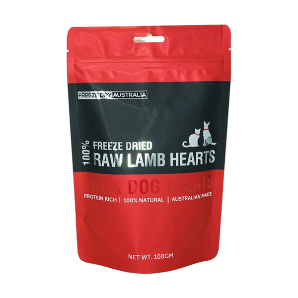 A bright red and black packaging of freeze-dried raw lamb hearts is displayed, labeled as 100% Freeze Dried Raw Lamb Hearts with a focus on being protein-rich.