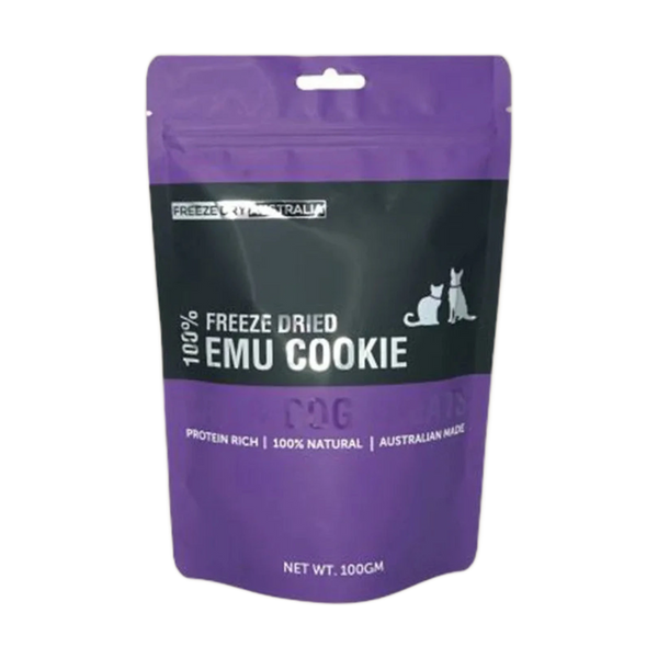 A purple and silver pouch labeled 100% Freeze Dried Emu Cookie is displayed against a neutral background. The packaging indicates that the product is protein-rich, 100% natural, and made in Australia, with a net weight of 100 grams.