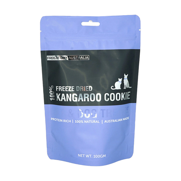 A blue and black packaging of Freeze Dried Kangaroo Cookies is displayed, featuring a graphic of a dog and a cat. The label indicates that the product is 100% natural, protein-rich, and made in Australia, with a net weight of 100 grams.