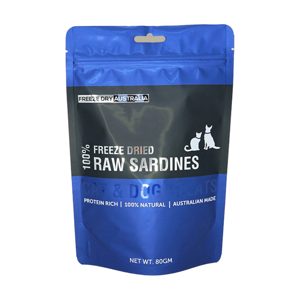 A blue pouch labeled 100% Freeze Dried Raw Sardines is prominently displayed against a neutral background. The packaging highlights its natural ingredients and Australian origin, emphasizing its high protein content for pets.
