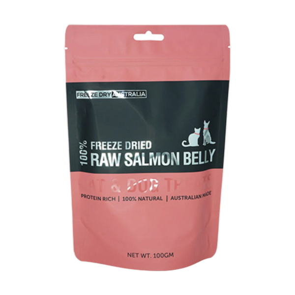 A pink and black pouch labeled 100% Freeze Dried Raw Salmon Belly features a cat and dog silhouette. The packaging indicates its a protein-rich, 100% natural treat made in Australia, weighing 100 grams.