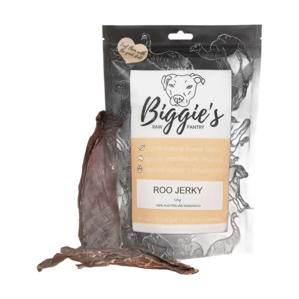 A 125g package of Biggies Roo Jerky is prominently displayed, featuring a black and white design with the brand name and product details.